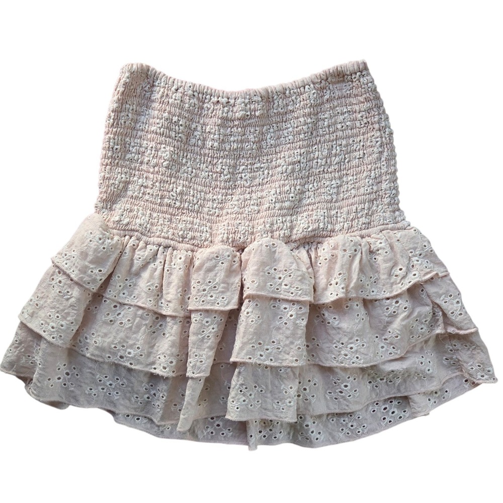 Olivaceous Smocked Pink Eyelet Tiered Ruffle Mini Skirt Pastel Boho Coquette M